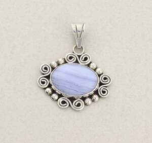 Sterling Silver Blue Lace Agate Pendant Vintage Mexico 2" x 1 1/2" inch